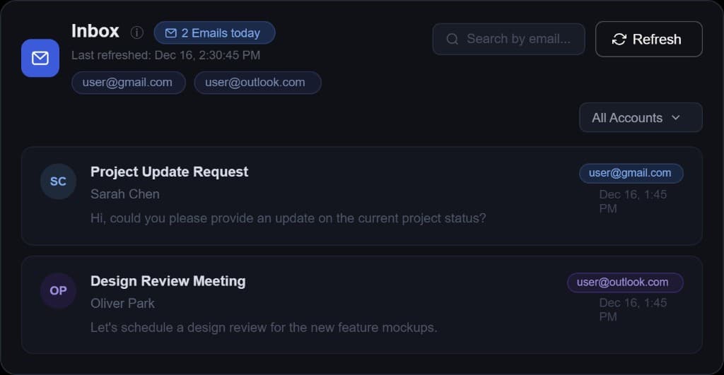 MindMesh Inbox: unified email list with account filters, search, and message previews