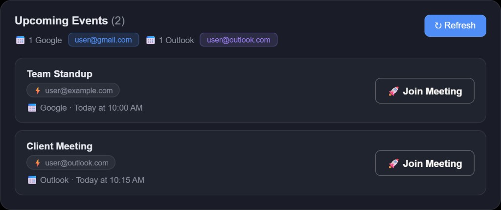 Upcoming Events panel showing connected calendars and join meeting actions